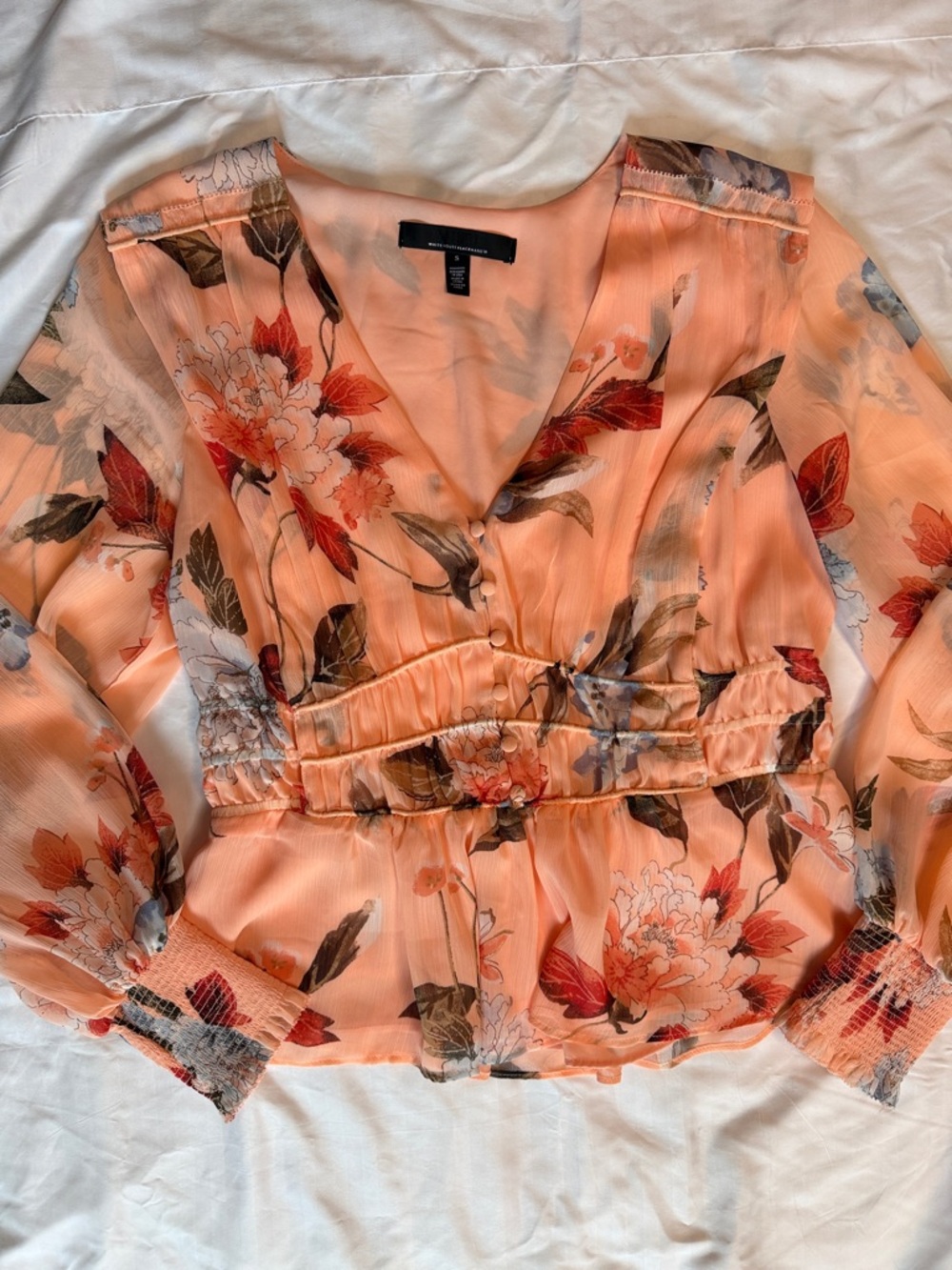 White House Black Market Peach Floral V-Neck Blouse
